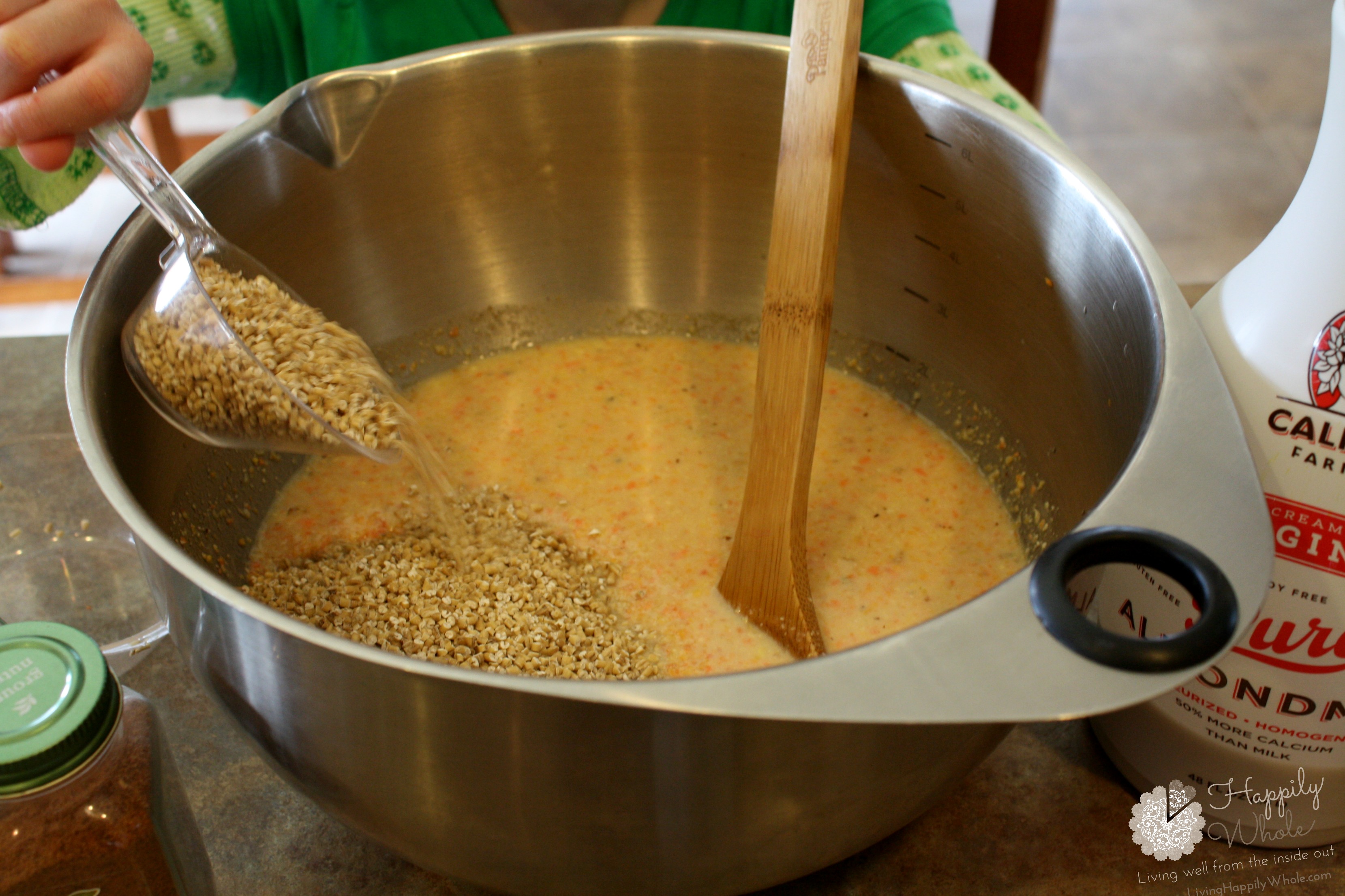 Carrot Cake Steel Cut, Overnight Oats, pouring in the oats