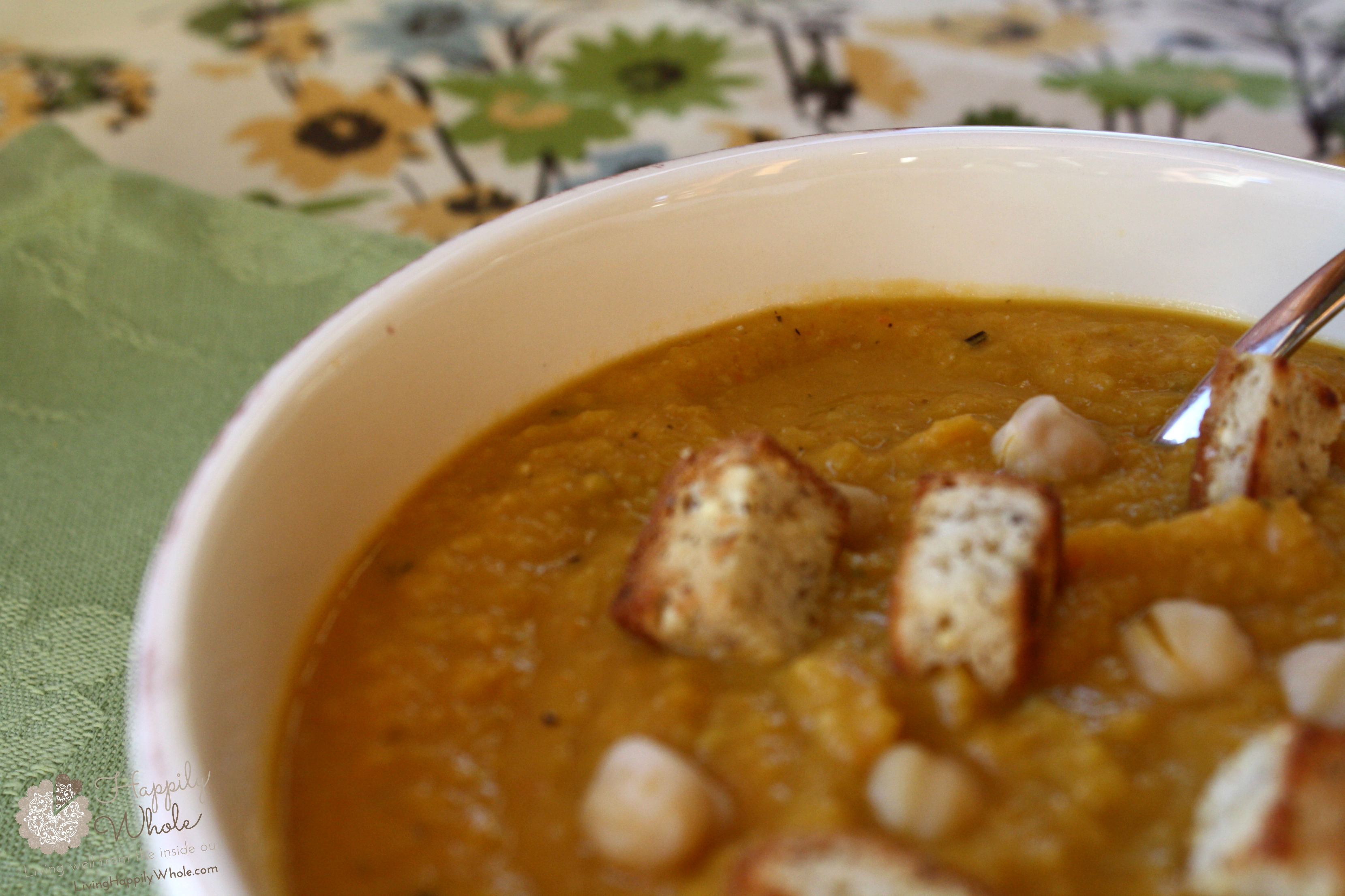 Creamy Carrot Soup with Chick Peas and Croutons