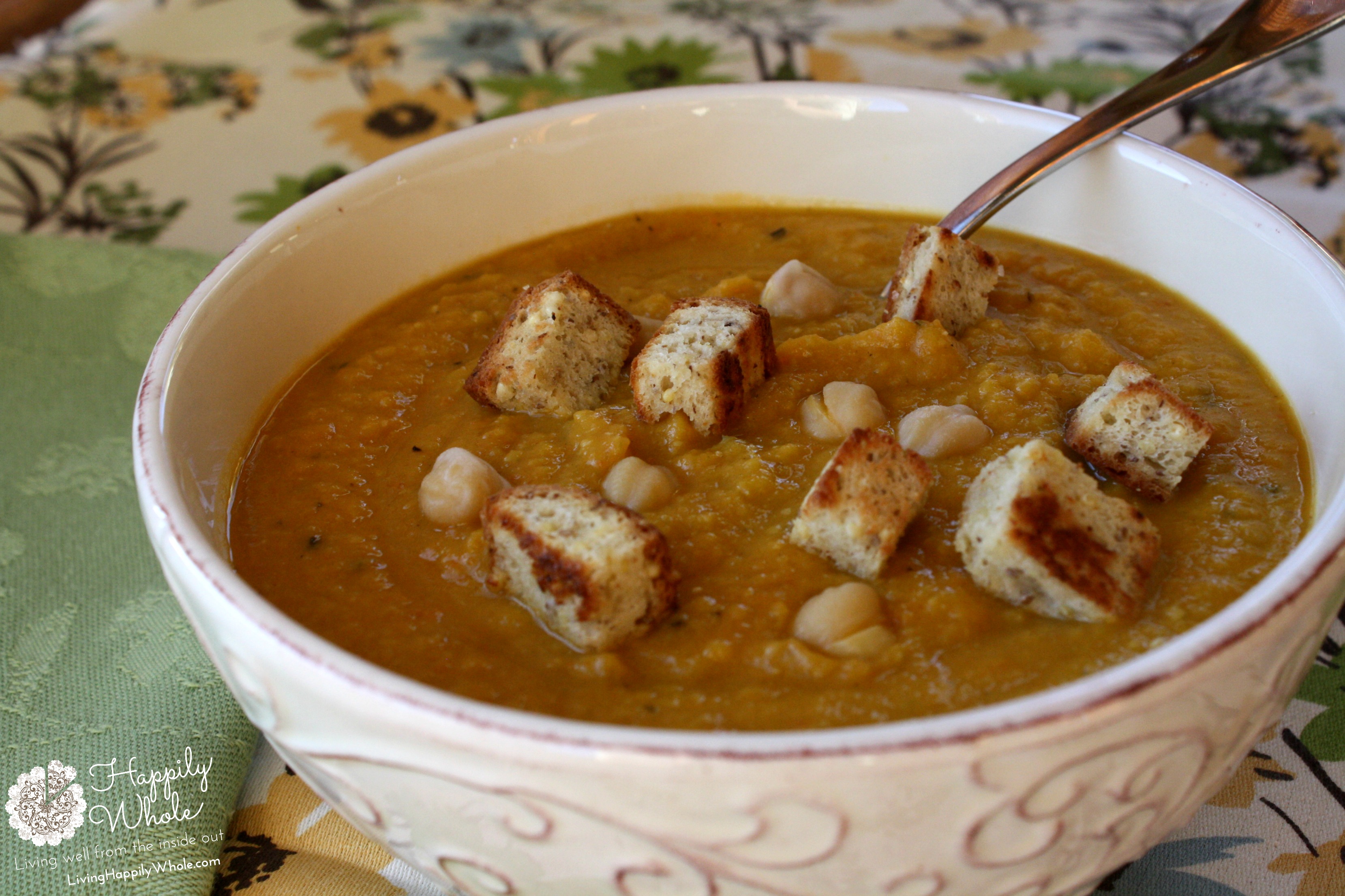 Creamy Carrot Soup with Chick Peas and Croutons