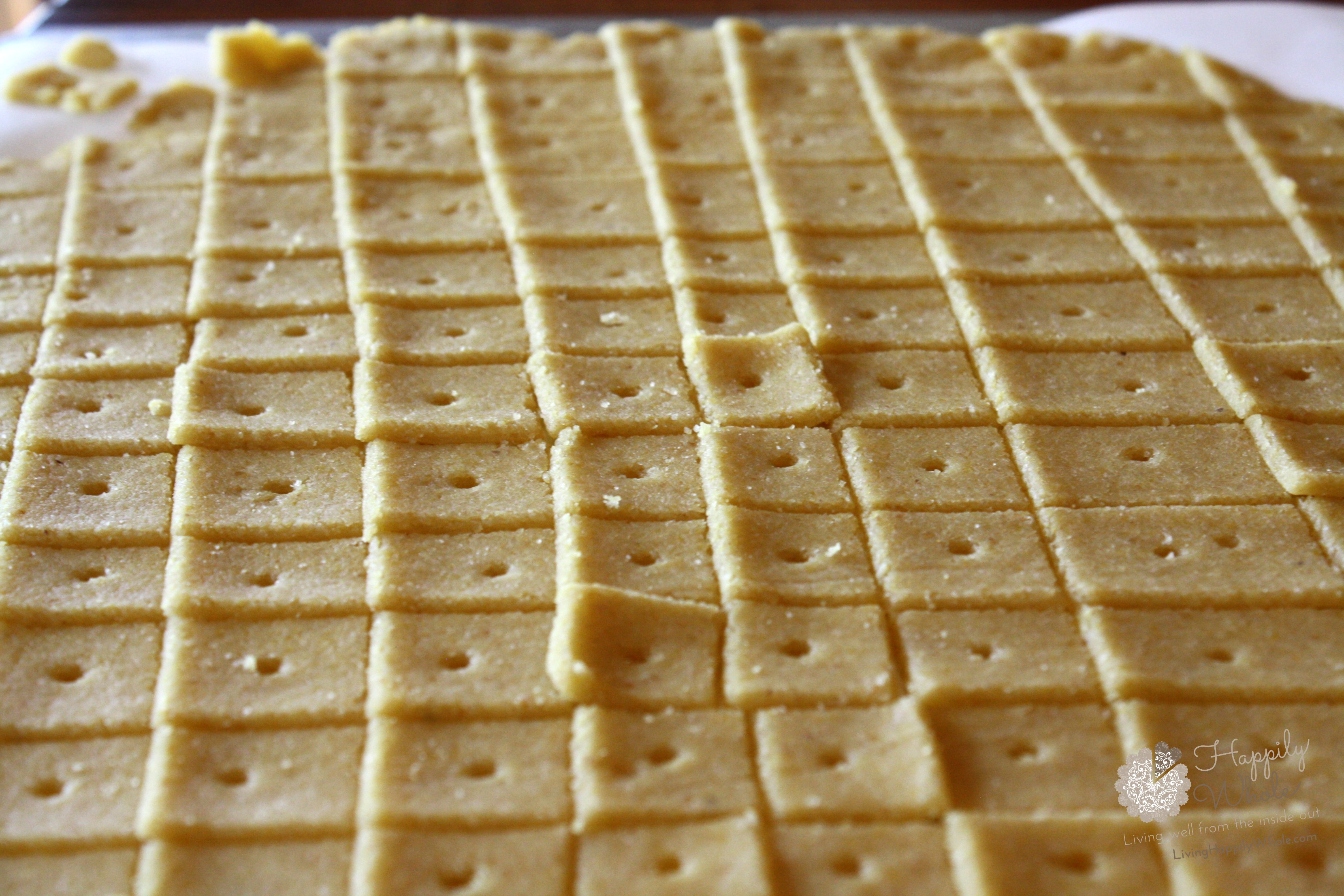 Easy Cheesy Crackers, gluten and grain free. Dough rolled out and cut with pizza cutter.