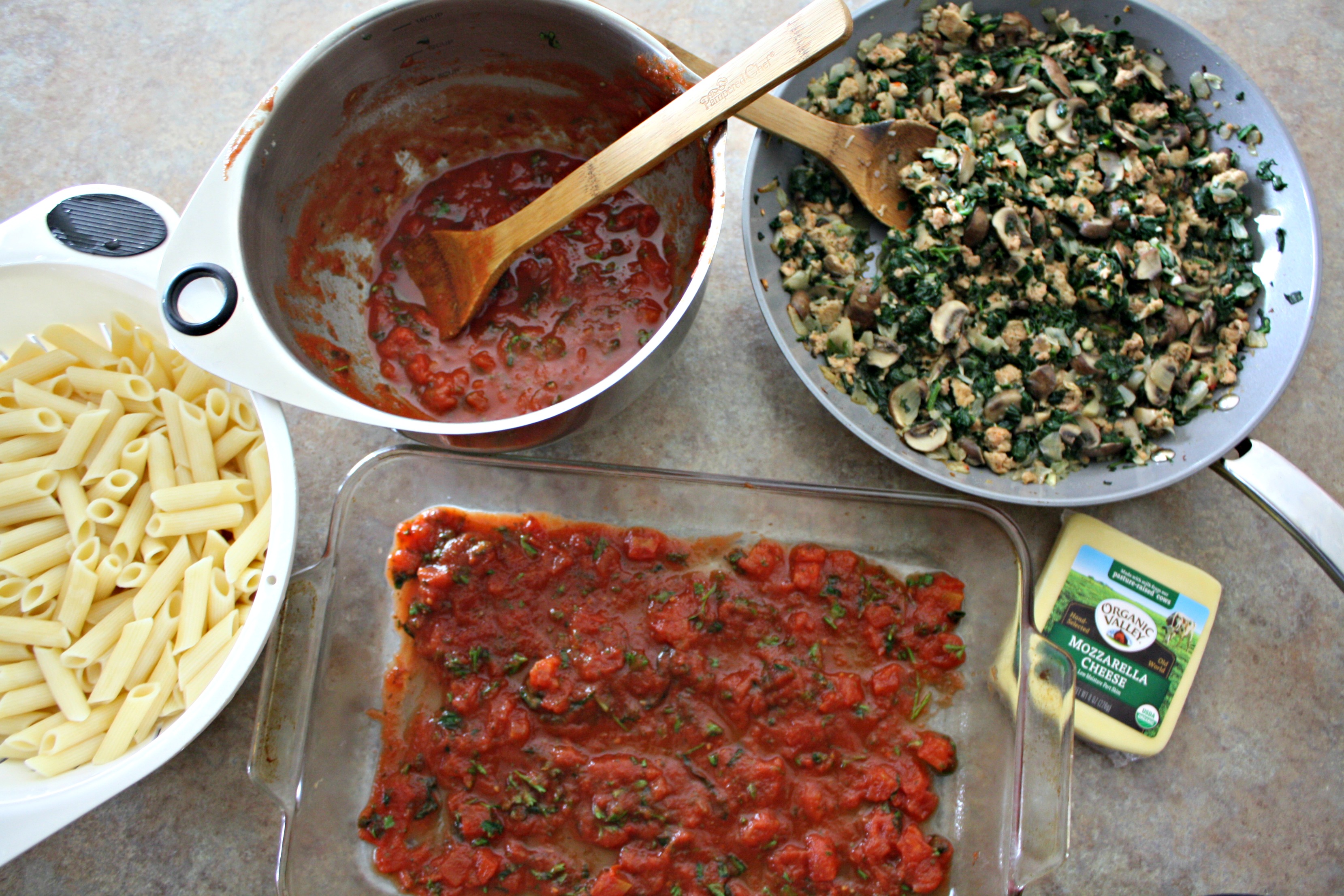 Spinach, Mushroom and Sausage Mostaccioli