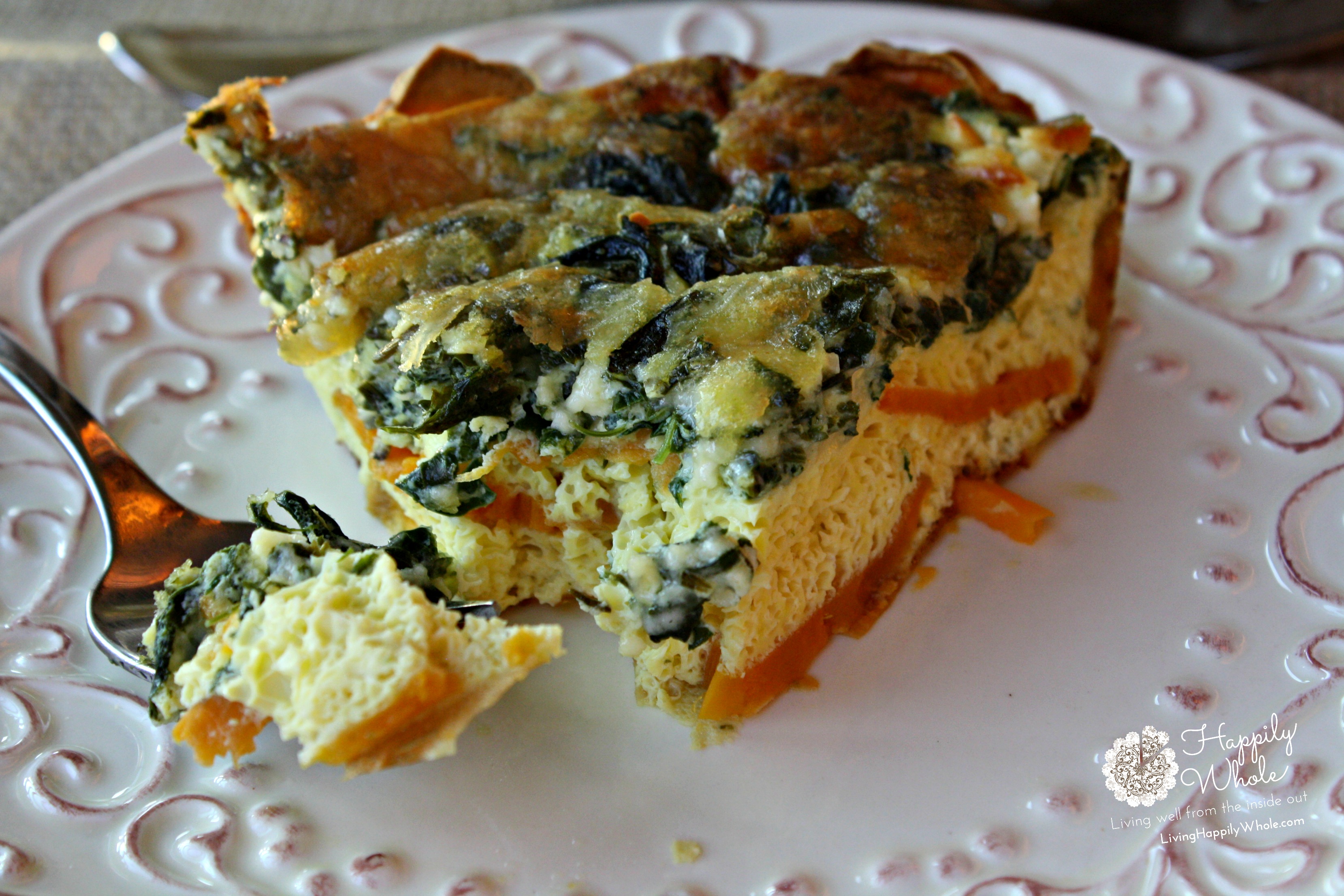 Sweet Potato Crustless Quiche with spinach, fresh herbs and cheese