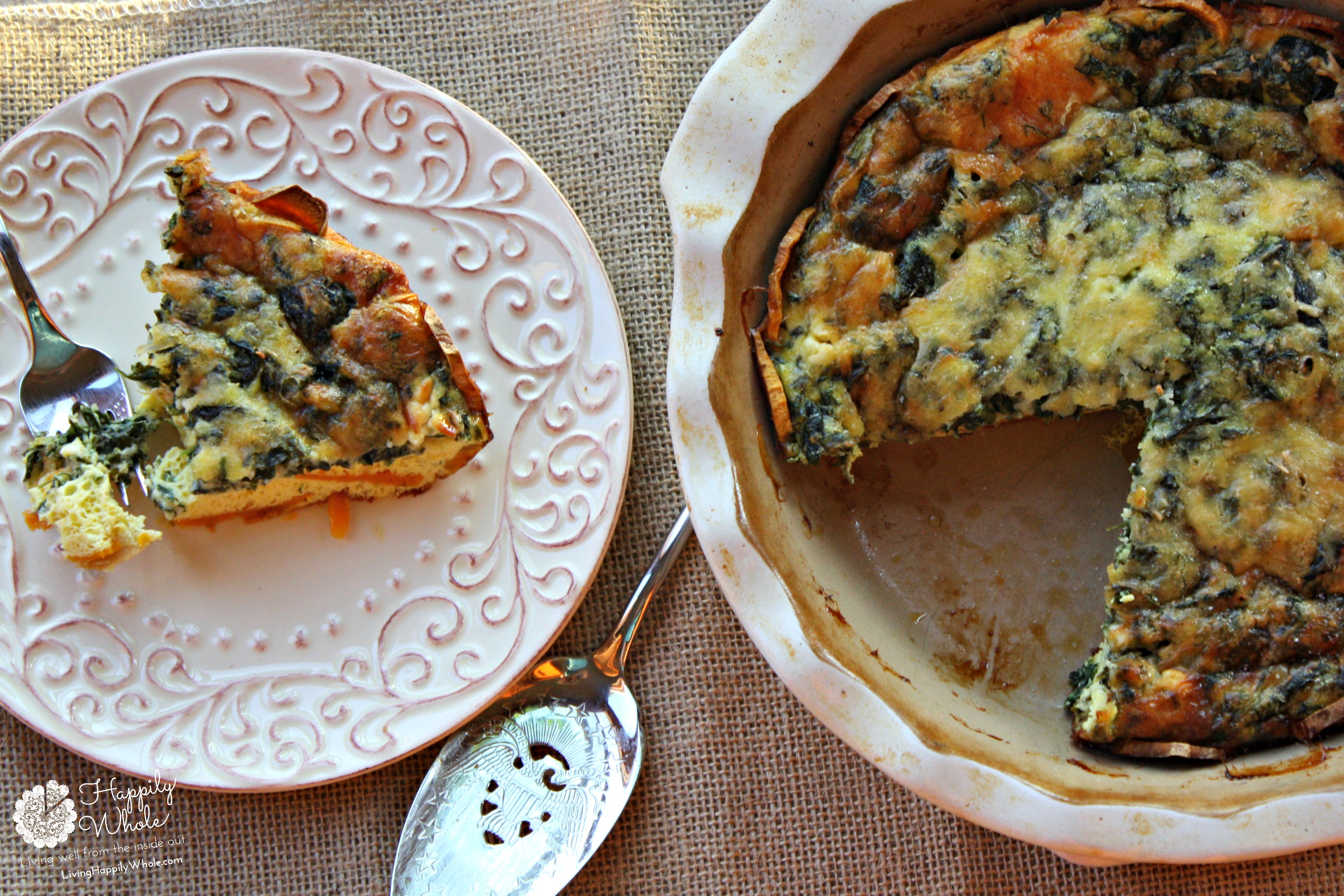 Sweet Potato Crustless Quiche with spinach, fresh herbs and cheese