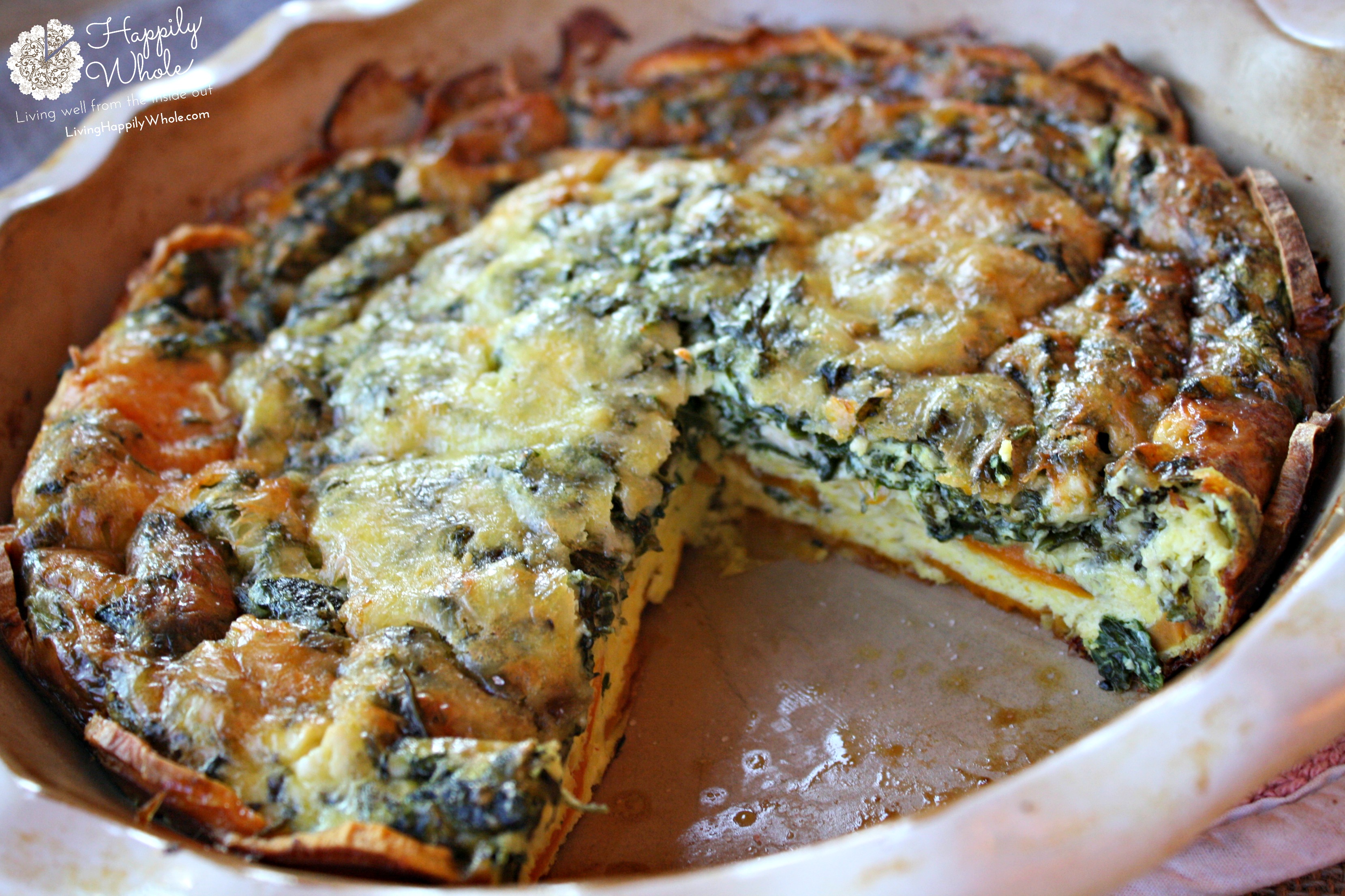 Sweet Potato Crustless Quiche with spinach, fresh herbs and cheese