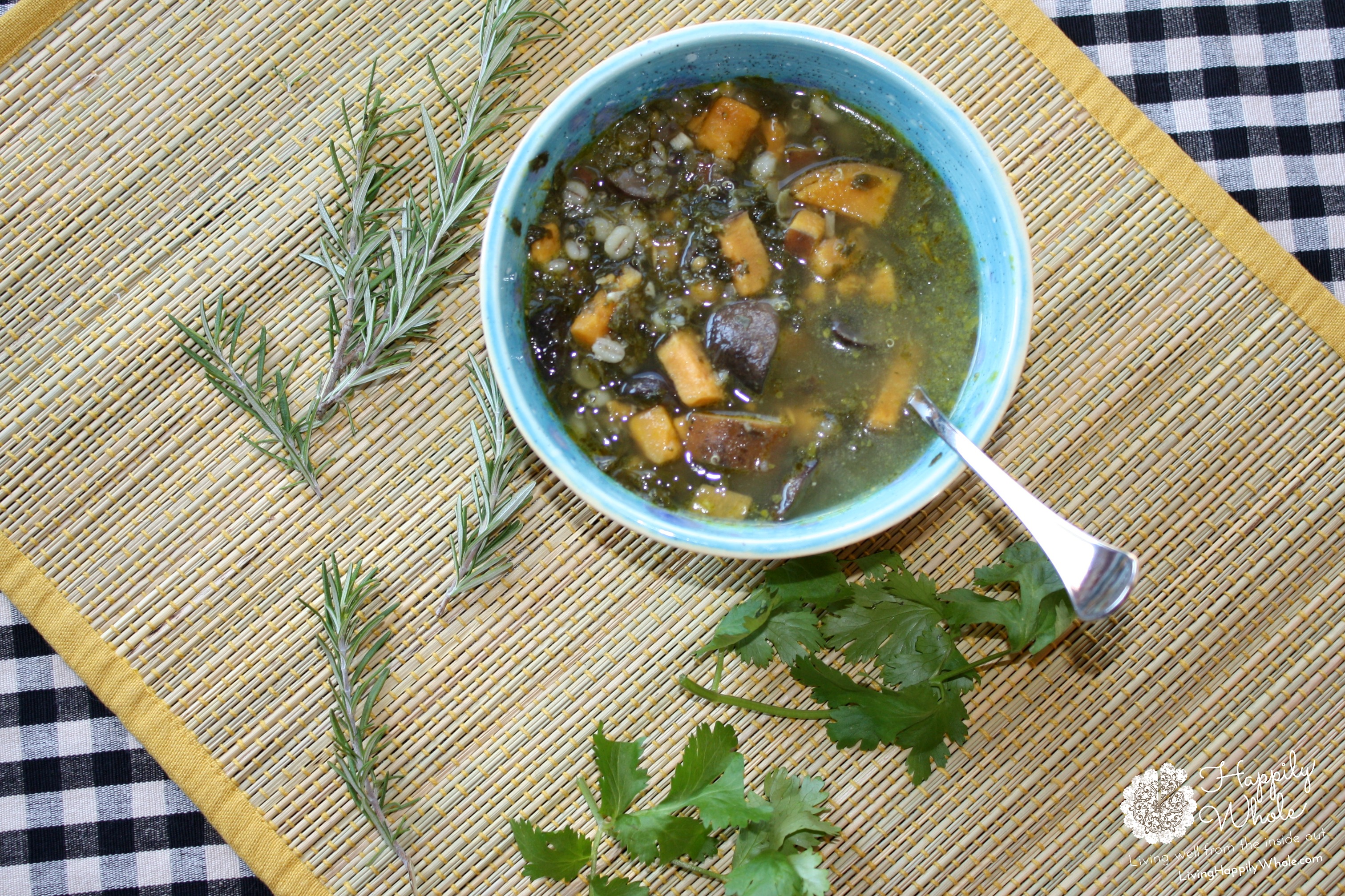 Winter Wellness Soup--sweet potatoes, kale, garlic, mushrooms, parsley, rosemary and more!