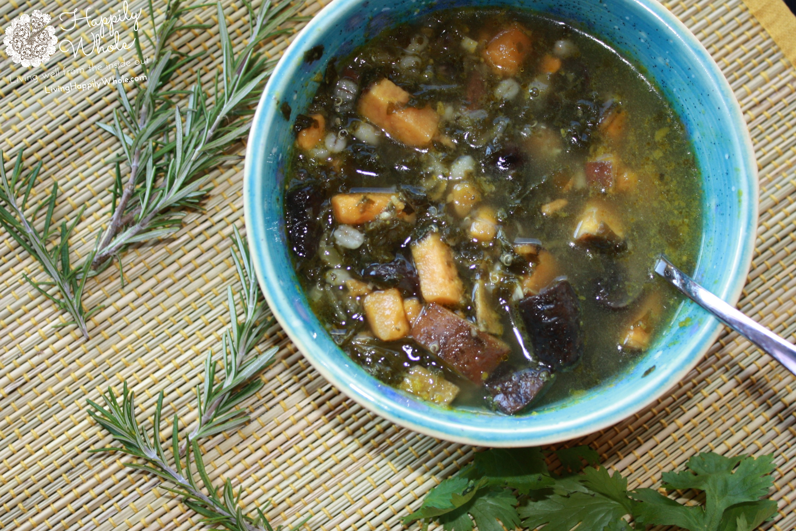 Winter Wellness Soup--sweet potatoes, kale, garlic, mushrooms, parsley, rosemary and more!