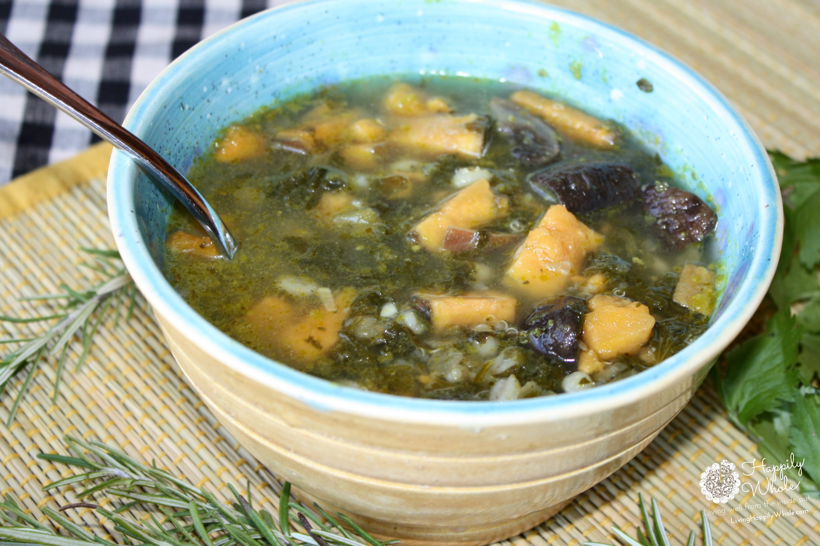 Winter Wellness Soup--sweet potatoes, kale, garlic, mushrooms, parsley, rosemary and more!