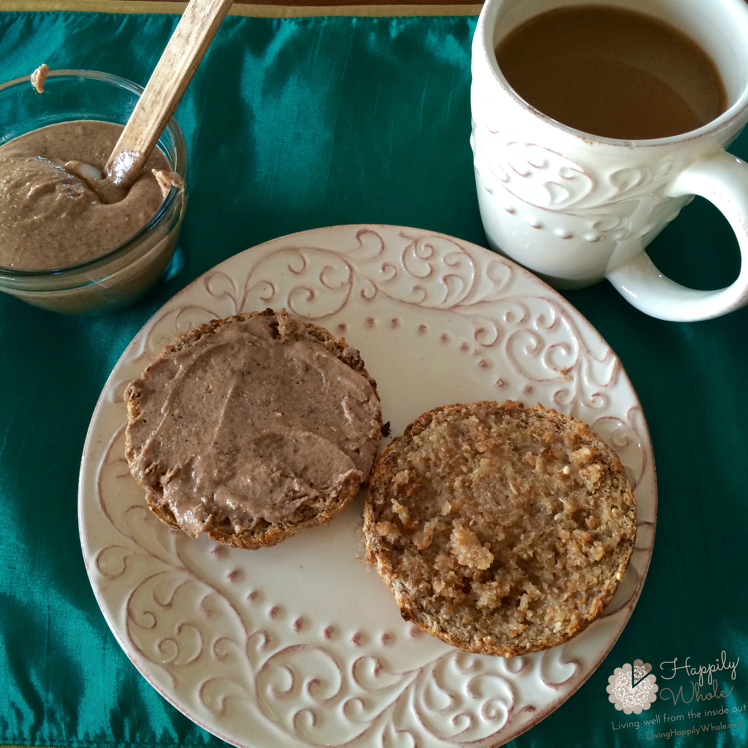 Ezekiel English Muffin, Almond Butter, Grassfed butter and Coffee