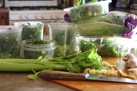 Individual containers with my green smoothie ingredients