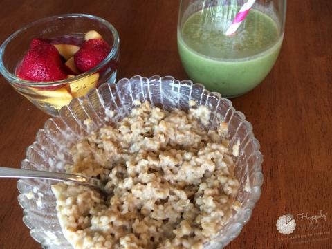 Steel cut oats, strawberries, peaches, peanut butter, green smoothie