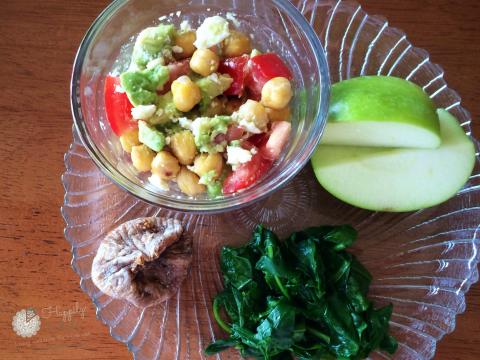 Healthy Lunch 2: Chickpea salad, avocado, tomato, feta cheese, greens