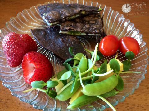 Healthy Lunch 3: Gluten Free Quesadillas, raw cheddar cheese, avocado, strawberries