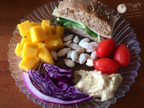 Healthy Lunch 4: Sandwich on sprouted wheat bun, mango, tomatoes