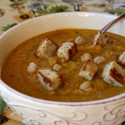 Creamy Carrot Soup with Chick Peas and Croutons