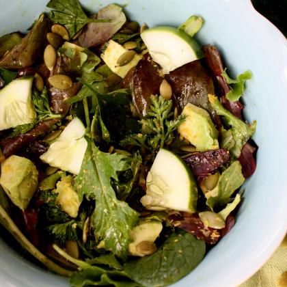 Pumpkin seed, herb, avocado and mixed green salad