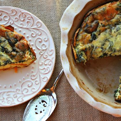 Sweet Potato Crustless Quiche with spinach, fresh herbs and cheese