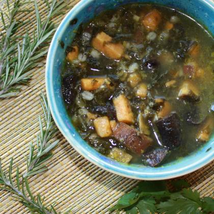 Winter Wellness Soup--sweet potatoes, kale, garlic, mushrooms, parsley, rosemary and more!