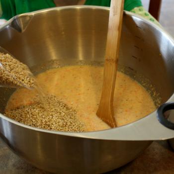 Carrot Cake Steel Cut, Overnight Oats, pouring in the oats