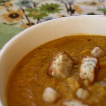 Creamy Carrot Soup with Chick Peas and Croutons