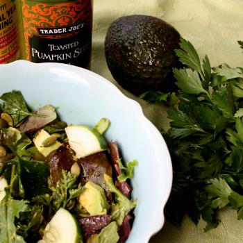 Pumpkin seed, herb, avocado and mixed green salad