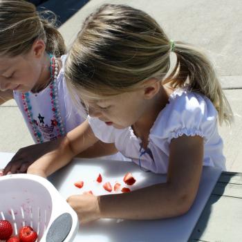 Girls chopping strawberries