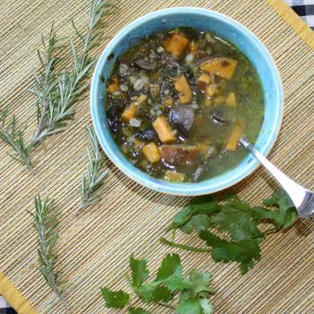 Winter Wellness Soup--sweet potatoes, kale, garlic, mushrooms, parsley, rosemary and more!