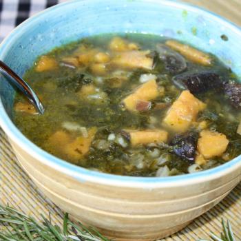 Winter Wellness Soup--sweet potatoes, kale, garlic, mushrooms, parsley, rosemary and more!