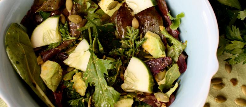 Pumpkin seed, herb, avocado and mixed green salad