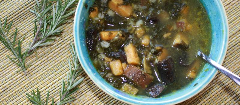 Winter Wellness Soup--sweet potatoes, kale, garlic, mushrooms, parsley, rosemary and more!