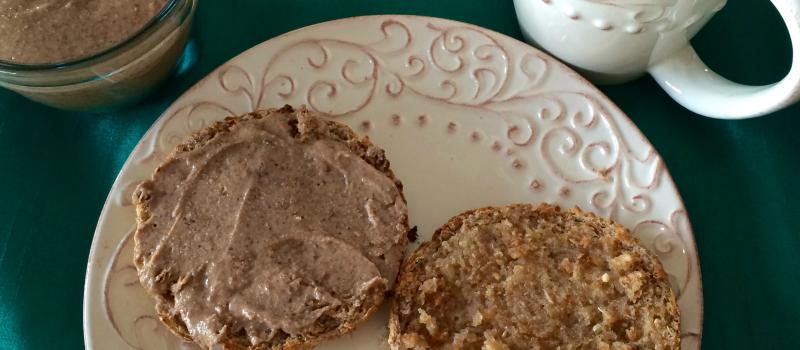 Ezekiel English Muffin, Almond Butter, Grassfed butter and Coffee